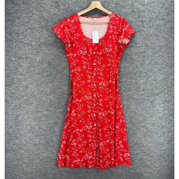 New Unbranded Dress Women S Small Red Floral Sheath Midi Button Short Sleeve - Picture 1 of 8